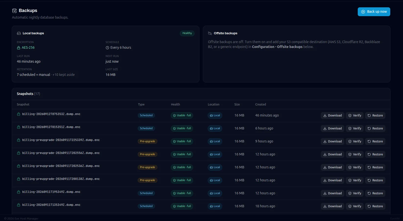 Backup screen showing encrypted scheduled snapshots with their health, size and restore actions