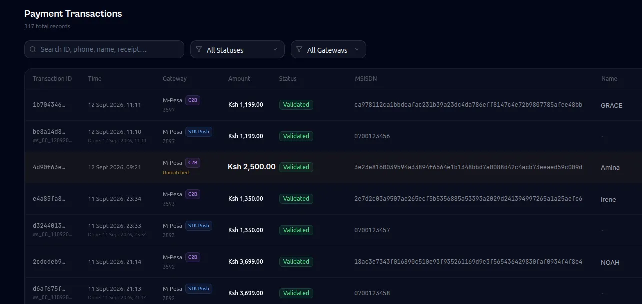 Payment transaction list showing the gateway, transaction time, amount, validation status and the invoice each payment is matched to