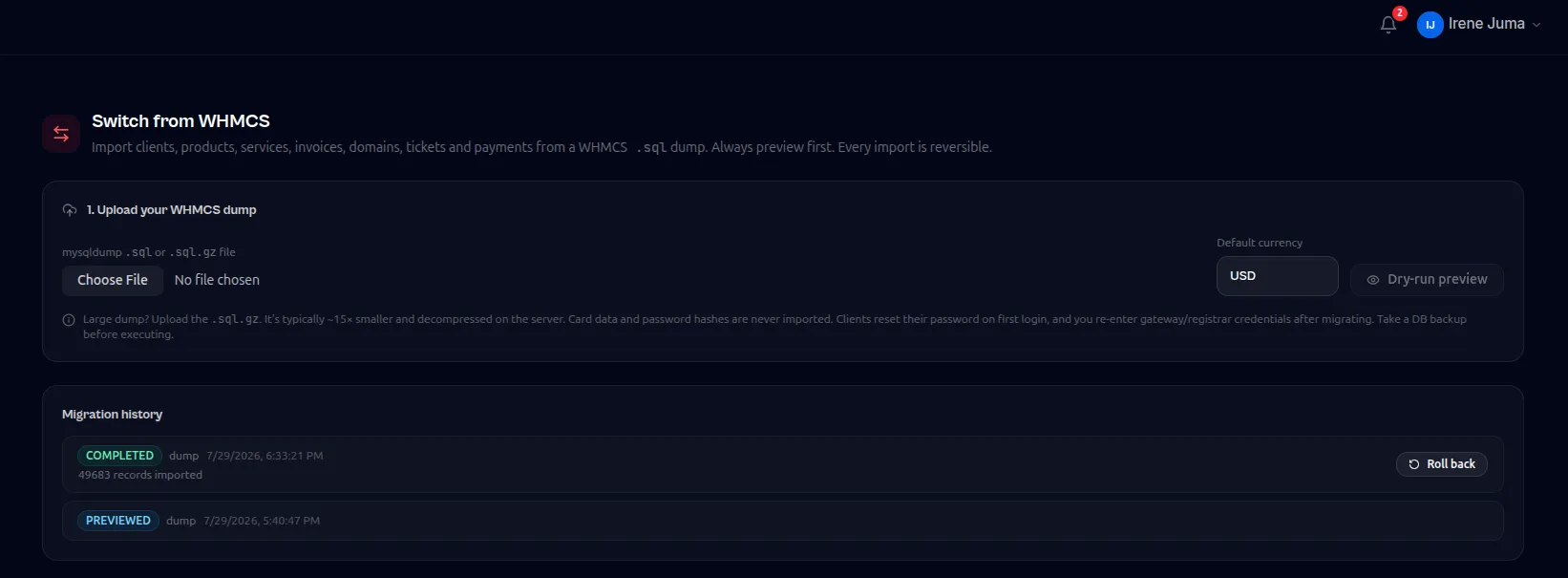 WHMCS migration screen with a dump upload, a dry-run preview action, and a migration history listing completed and previewed runs with a roll back action