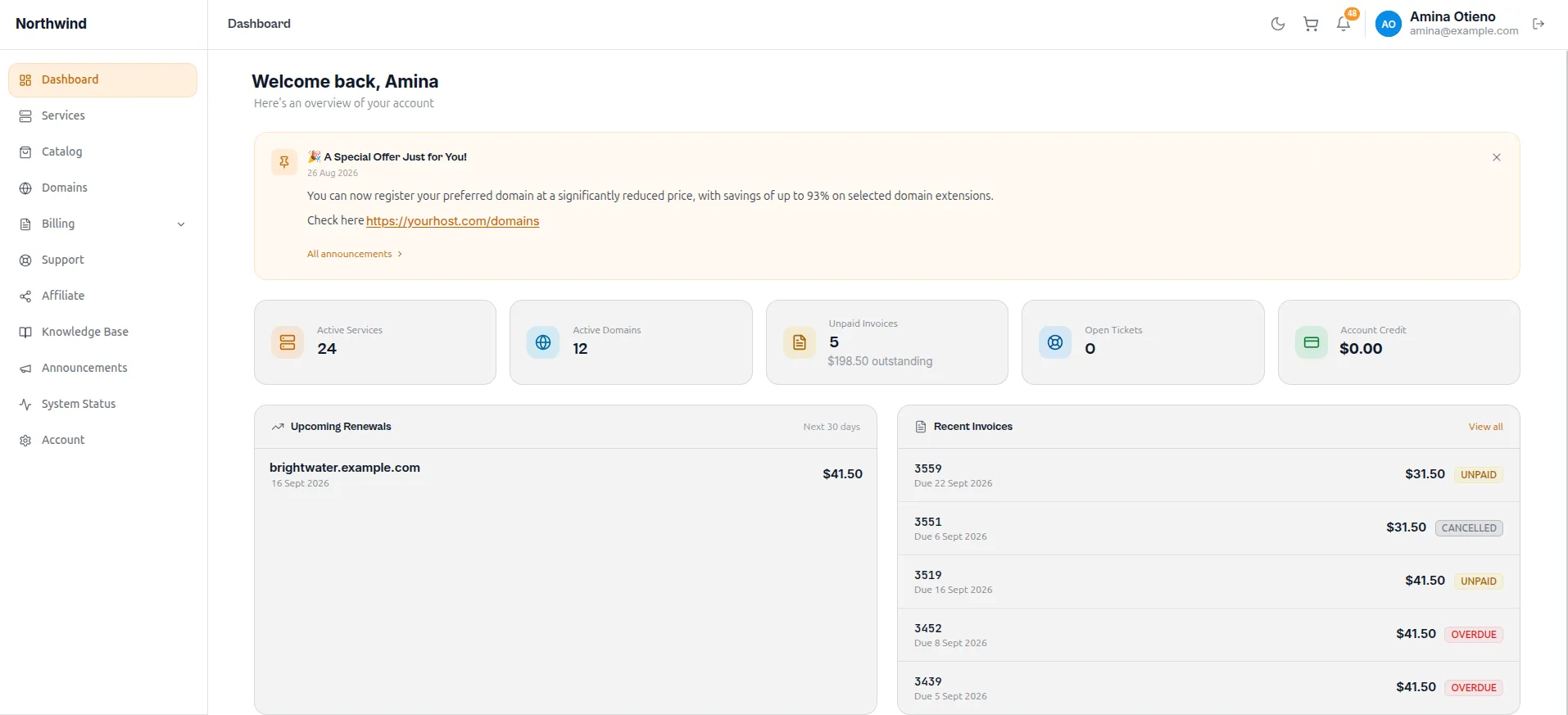 Client portal dashboard under a reseller brand, showing an announcement banner, counts of active services and domains, outstanding balance, upcoming renewals and recent invoices