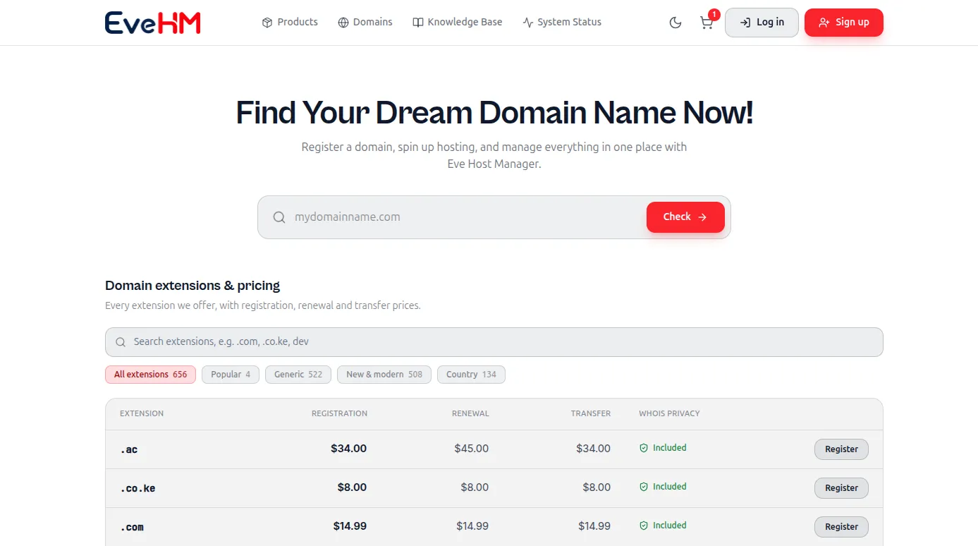 Client portal domain search with a price table listing registration, renewal and transfer prices per extension